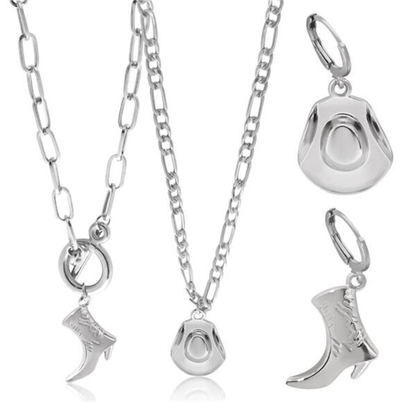 Cowgirl Chic Western Necklace Earrings Jewelry Set For Women Chunky silver - Picture 1 of 6